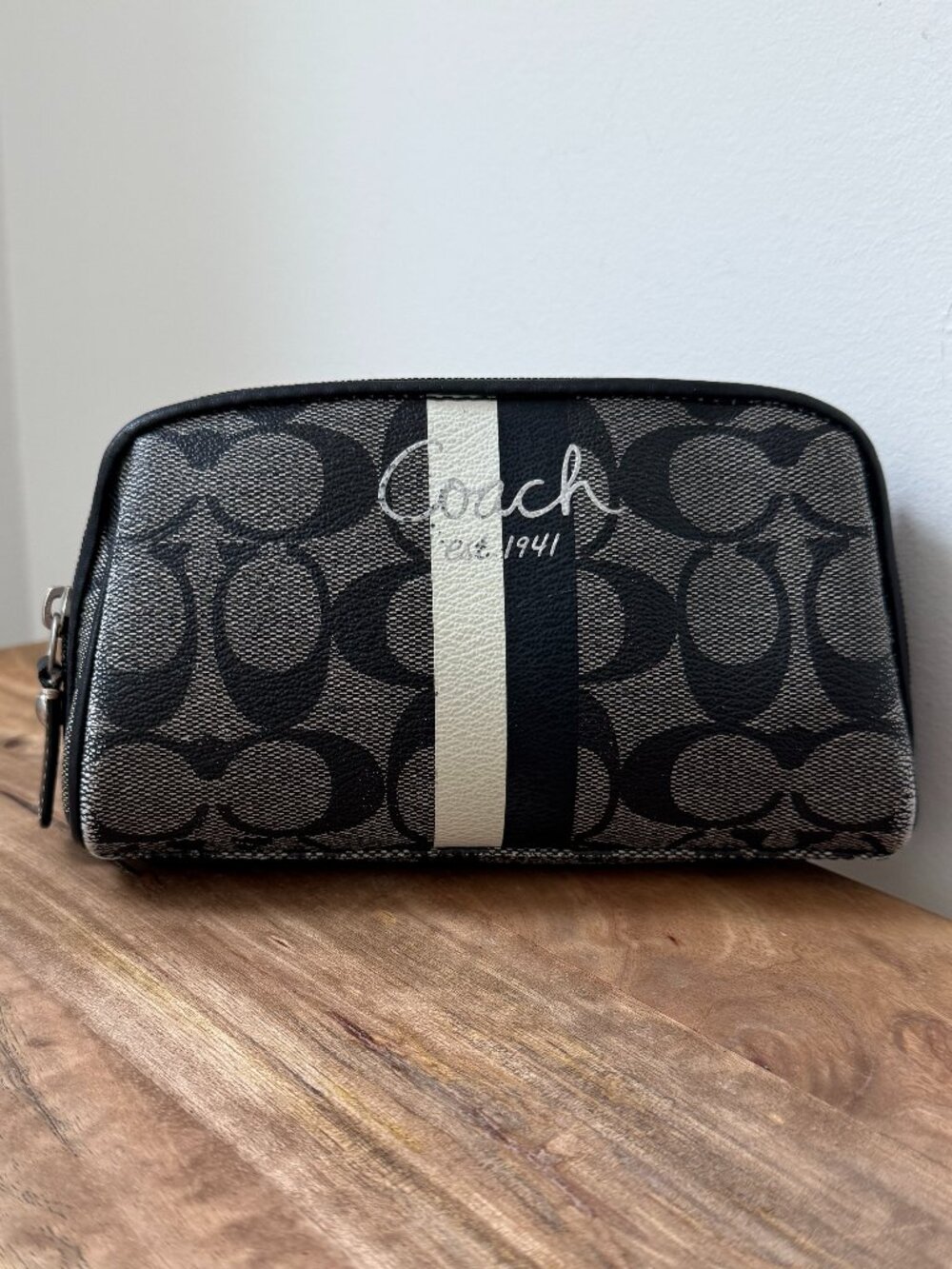 COACH Black Gray Signature Stripe Saffiano Leather Cosmetic Case Makeup Bag
